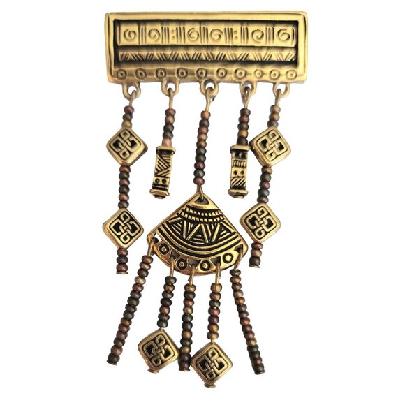 Gold Tone Long Dangle Charm Tribal Bar Brooch Pin, M551 - Picture 2 of 6